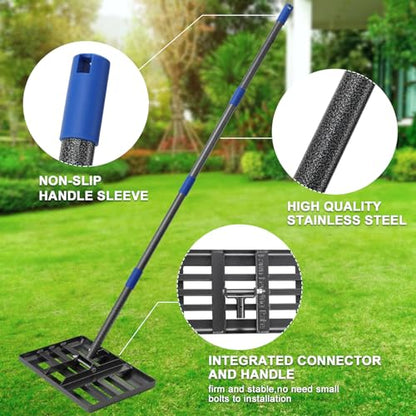 Lawn Leveling Rake,Stainless Steel Lawn Leveler with 18”x10” Ground Plate, 72” Adjustable Long Handle, Level Lawn Tool for Grass, Golf Field, Level Soil or Dirt Ground Surfaces