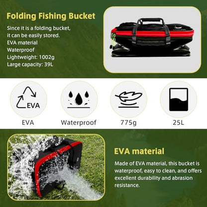 SANLIKE Foldable Live Fish Bucket, EVA Fishing Bait Bucket, 35/40/45CM Collapsible Fish Container, Leakproof Livewell for Kayak Boat Bank Fishing, Black/Army Green - color: Black-40cm