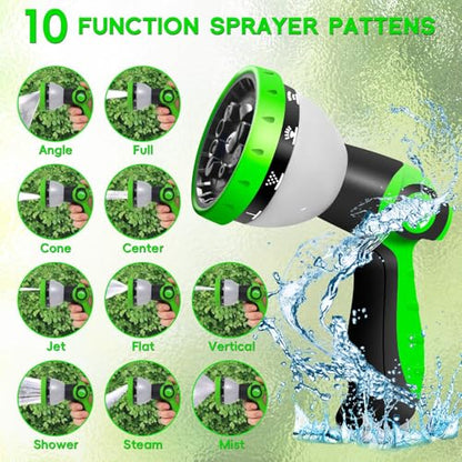 Garden Hose 25 FT, NON-EXPANDABLE Heavy-Duty Flexible & Lightweight Water Hose with 10-Function Nozzle, No-Kink, Leak-Proof Super Fabric, Solid Fittings for Lawn, Car, Outdoor (Black Green)
