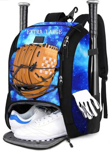 MATEIN Youth Baseball Backpack, Softball Bat Bag with Shoes Compartment | Lightweight Baseball Bag for Boys and Adult, Fence Hook Hold TBall Bat, Batting Mitten, Helmet, Caps, Teeball Gear Equipment - color: Galaxy Blue, size: 47L