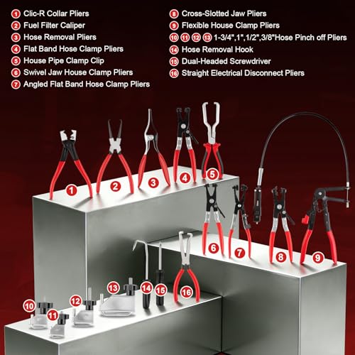16PCS Hose Clamp Pliers, Hose Clamp Removal Tool Kit with Long Reach & Flexible Wire Tools for Fuel, Oil, Coolant, Radiator Hoses and Electrical Disconnect