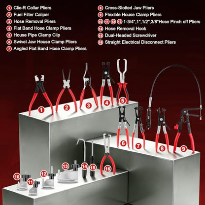 16PCS Hose Clamp Pliers, Hose Clamp Removal Tool Kit with Long Reach & Flexible Wire Tools for Fuel, Oil, Coolant, Radiator Hoses and Electrical Disconnect