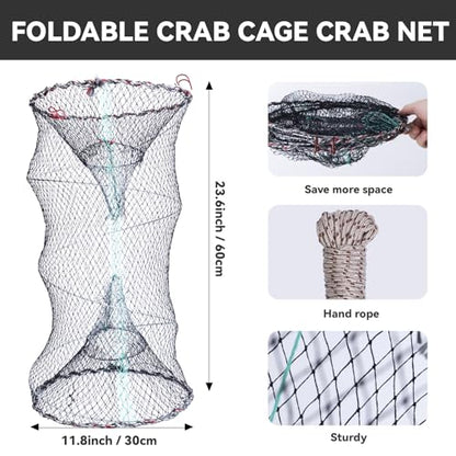 3 Pcs Foldable Fishing Net Accessories for Crab Crayfish Shrimp:Fishing Landing Net with Telescoping Pole Handle, Collapsible Crab Trap Hexagon and 2 Ropes