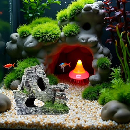 Artificial Moss Rock Aquarium Stone Cave, Resin Fish Tank Decor for Hiding and Landscaping, Small Mountain Terrain Ornament, Natural-Looking Habitat for Fish, Shrimp, and Reptiles, Decoration