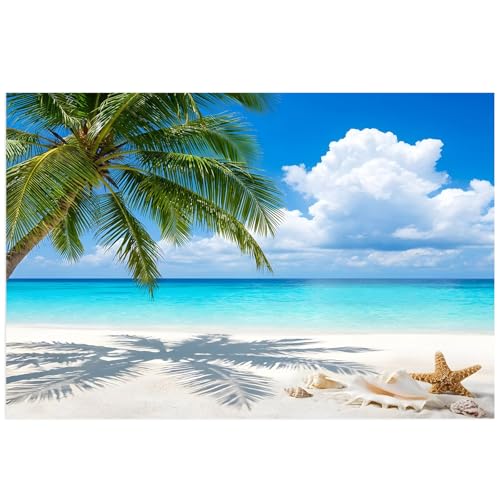 Summer Beach Aquarium Background 24x60 Inch Self-Adhesive Fish Tank Decorations, Tropical Coastal Palm Tree Starfish Conch Decorative Fish Tank Background Polyester Aquarium Decor Poster - size: 24x60in