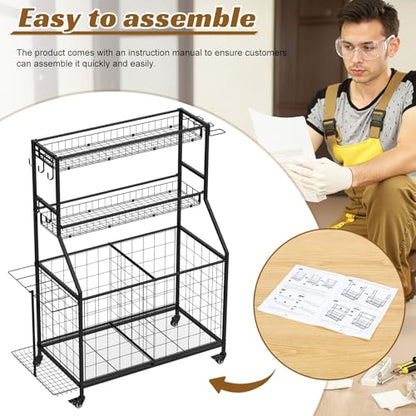 Heavy Duty 3-Tier Sports Equipment Organizer, Large Capacity Garage Storage Rack with 5 Removable Mesh Baskets, Lockable Casters, Bat Holder & Hooks for Balls, Rackets, Gear in Home, Gym, Sc
