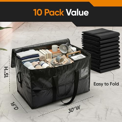 HOLDN’ STORAGE 10 Pack Large Moving Bags, 30 Gallon Heavy-Duty Storage Totes with Dual Zippers, Water-Resistant Reusable Bags for Clothes, Bedding, Books, 66 lb Capacity