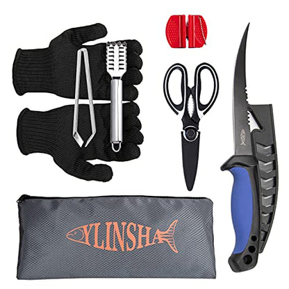 Fishing Knife, Fish Cleaning Kit 7 PC Set with Fish Knife, Fish Scale Cleaning Brush, Multi-Functional Scissors, Anti-Cutting Gloves, Fishbone Tweezers, Storage Bag