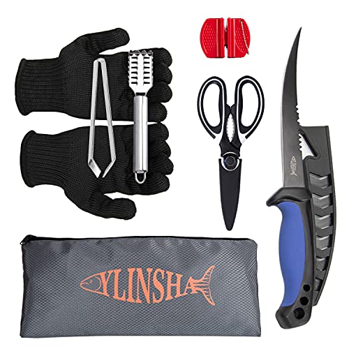 Fishing Knife, Fish Cleaning Kit 7 PC Set with Fish Knife, Fish Scale Cleaning Brush, Multi-Functional Scissors, Anti-Cutting Gloves, Fishbone Tweezers, Storage Bag