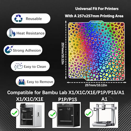 JUUPINE 257x257mm Bambu Lab Build Plate for Bambu Lab X2D/A1/P1P/P1S /P2S/X1/X1C/X1E/3D Printer, 3D Printer Flexible Spring Steel Sheet Removable Platform (Smooth Kaleidoscope+Smooth Light Beam) - color: PEY-Kaleidoscope+PEY-Light Beam