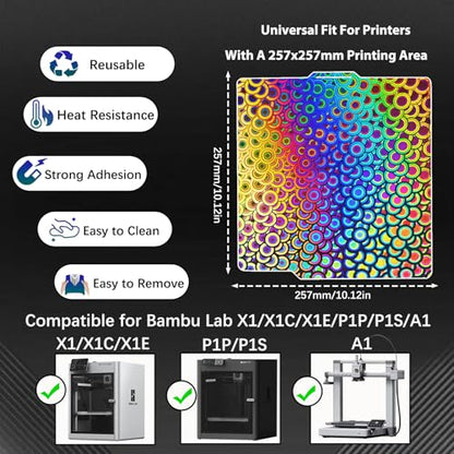 JUUPINE 257x257mm Bambu Lab Build Plate for Bambu Lab X2D/A1/P1P/P1S /P2S/X1/X1C/X1E/3D Printer, 3D Printer Flexible Spring Steel Sheet Removable Platform (Smooth Kaleidoscope+Smooth Light Beam) - color: PEY-Kaleidoscope+PEY-Light Beam