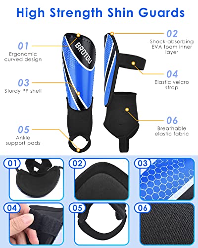 BROTOU Shin Guards Soccer Youth, Soccer Shin Guards for Kids 3-15 | Light Weight Adjustable Straps Shin Pads Protection Equipment with Ankle and Leg Calf Protection - color: BLUE, size: Large