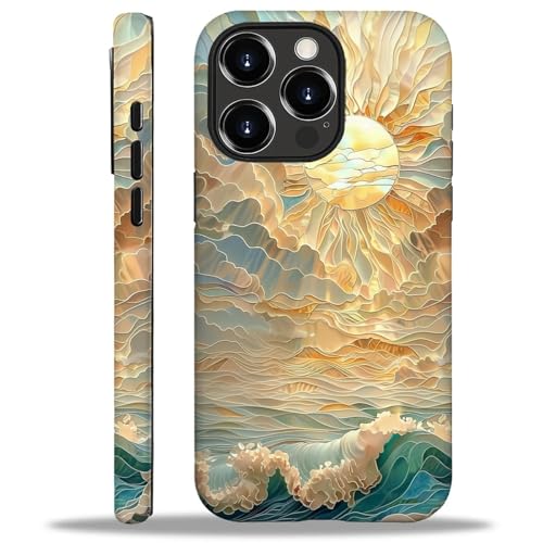 ZHEGAILIAN Case for iPhone 16 Pro Max,Ocean Waves Sun Rays Stained Glass for 2 in 1 Hard Shell + Soft Silicone,Shockproof Bumper Drop Protective Case for iPhone 16 Pro Max