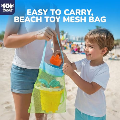 TOY Life Kids Beach Sand Castle Bucket Set, 2 Buckets with Mesh Bag, 6 Molds, 2 Shovels, Colorful Plastic Beach Toys for Summer Play