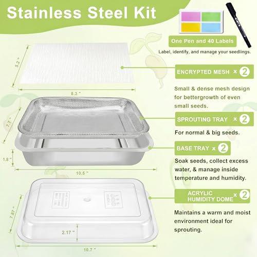 Stainless Steel Sprouts Growing Kit 2-Tier 10.4 inch Trays with Acrylic lid, Microgreens Growing Kit, Seed Sprouting Tray with Encrypted Mesh Sprouts for Beans Alfalfa - size: 10.4"L × 7.67"W Tray with Lid