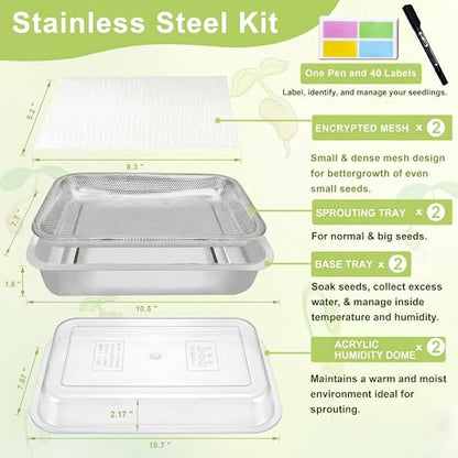 Stainless Steel Sprouts Growing Kit 2-Tier 10.4 inch Trays with Acrylic lid, Microgreens Growing Kit, Seed Sprouting Tray with Encrypted Mesh Sprouts for Beans Alfalfa - size: 10.4"L × 7.67"W Tray with Lid