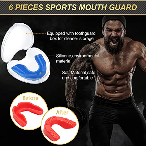 BBTO 6 Pack Kids Youth Mouth Guard for Football Sports, Boys Girls Mouthguard with Case, Soft Mouth Guard for Hockey Boxing Basketball, Ages 4+ - color: Red, Blue, White, Black, Yellow, Pink