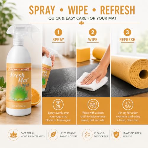 Fresh Mat Yoga Mat Cleaner Spray - Natural Deodorizing Cleaner for Yoga Mats & Fitness Equipment - No-Rinse, Residue-Free Formula with Witch Hazel & Essential Oil, Refreshing Citrus Ginger (24 fl oz). - size: 24 Fl Oz (Pack of 1)