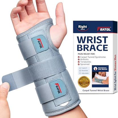FEATOL Carpal Tunnel Wrist Brace Night Support, Adjustable Right Hand Brace - size: Medium/Large (Pack of 1), style: Right Hand -Grey