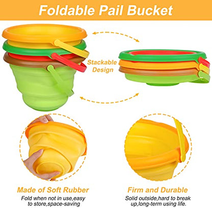 Beach Sand Toys Set for Kids, Silicone Collapsible Foldable Beach Bucket Travel Beach Toys for Summer Outdoor Camping and Fishing Tub with Sand Molds Shovels Rakes for Toddlers Boys Girls 2.5L 3PCS