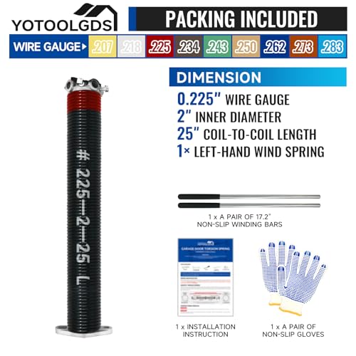 Left Hand Wind（Black Cone）2" Garage Door Torsion Spring with Non-Slip Winding Bars & Gloves, High Precision Electrophoresis Black Coated, for Replacement, MIN 16,000 Cycles (0.225x2''x25'') - size: 0.225X2"X25"-L