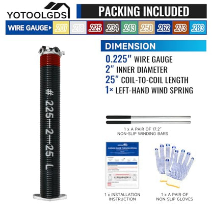 Left Hand Wind（Black Cone）2" Garage Door Torsion Spring with Non-Slip Winding Bars & Gloves, High Precision Electrophoresis Black Coated, for Replacement, MIN 16,000 Cycles (0.225x2''x25'') - size: 0.225X2"X25"-L