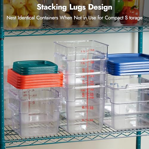 4 Pack Food Storage Container with Green Lid - NSF Commercial Grade in 4.0 Qt - Square, Clear, Polycarbonate