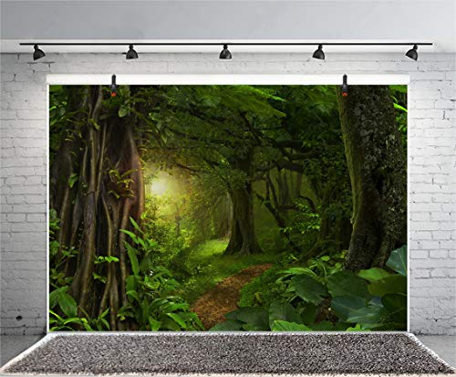 5x3ft Fairytale Rainforest Photo Backdrop Kids Birthday Party Events Decor Evergreen Forest Jungle Natural Scenery Photography Background Wallpaper Jungle Backdrop for Party Photo Studio Props - size: 5x3ft
