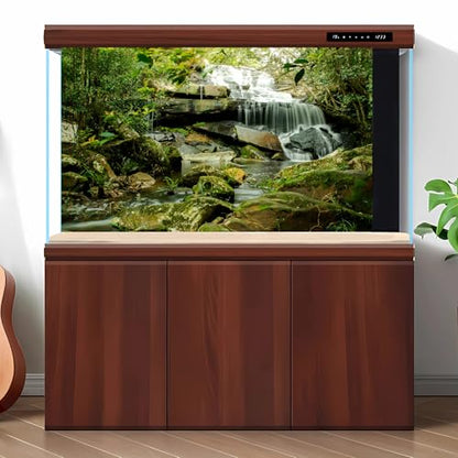Waterfall Aquarium Background Jungle Forest Lake Stream Natural Landscape Fish Tank Background Tropical Plants Huge Rock Moss Terrarium Backgrounds Jungle Trees Falls Reptile Tank Backgrounds 36x18in - color: Light Green, size: 36(W)x18(H)inches/ 90(W)*45