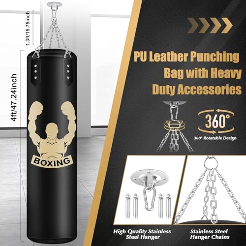 Filled Punching Bag for Adults, 4FT PU Hanging Bag with Filler and Gloves