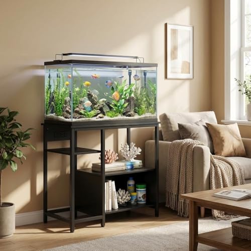 Garvee 40-50 Gallon Fish Tank Stand with Power Outlets, Heavy Duty Metal and Wood Aquarium Stand with 4-Tier Open Storage Shelves and Sturdy Legs - color: Black, size: 36.6