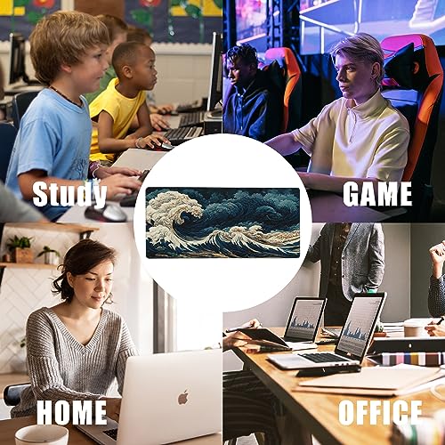 Japanese Ocean Waves Large Gaming Mouse Pad,Waterproof Desk Mat for Desktop,Non-Slip Rubber Base Mousepad with Stitched Edges for Laptop Office and Home 35.4X15.7 Inch - color: Japanese Ocean Waves