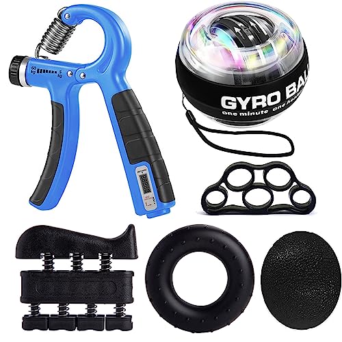 Grip Strength Trainer Kit with Finger Exerciser, Hand Grip Strengthener, Hand Extension Exerciser, Stress Relief Ball, Grip Ring, Gyro Ball for Muscle Building and Injury Recover - color: Blue&Black