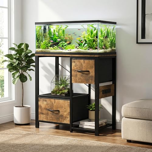 Garvee 20-29 Gallon Fish Tank Stand with Power Outlets, Heavy Duty Metal and Wood Aquarium Stand with 4-Tier Open Storage Shelves and Sturdy Legs - color: Brown, size: 31.5