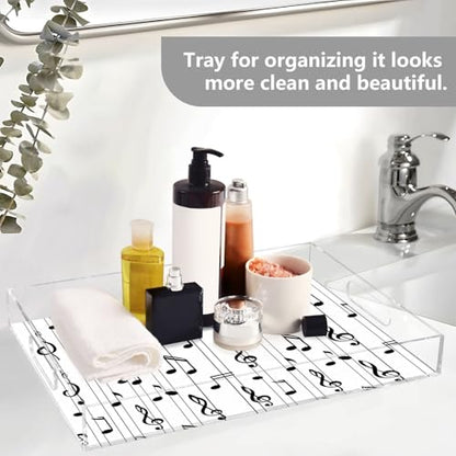 Acrylic Tray Clear Serving Vanity Ottoman Bathroom Coffee Table Countertop Organizer Raised Edge Spill Proof White Black Music Lines - color: White Black Music Lines