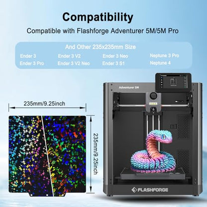 PEF+PEY Build Plate for Adventurer AD5X/5M/5M Pro, Rainbow Confetti +Galaxy Spring Steel Flexible Platform for Neptune 3 Pro/4, Kobra, Ender 3/3 Pro/3S1/3 v2, CR 20/CR 20 Pro, Ender 5/5 Pro - size: 235x235mm