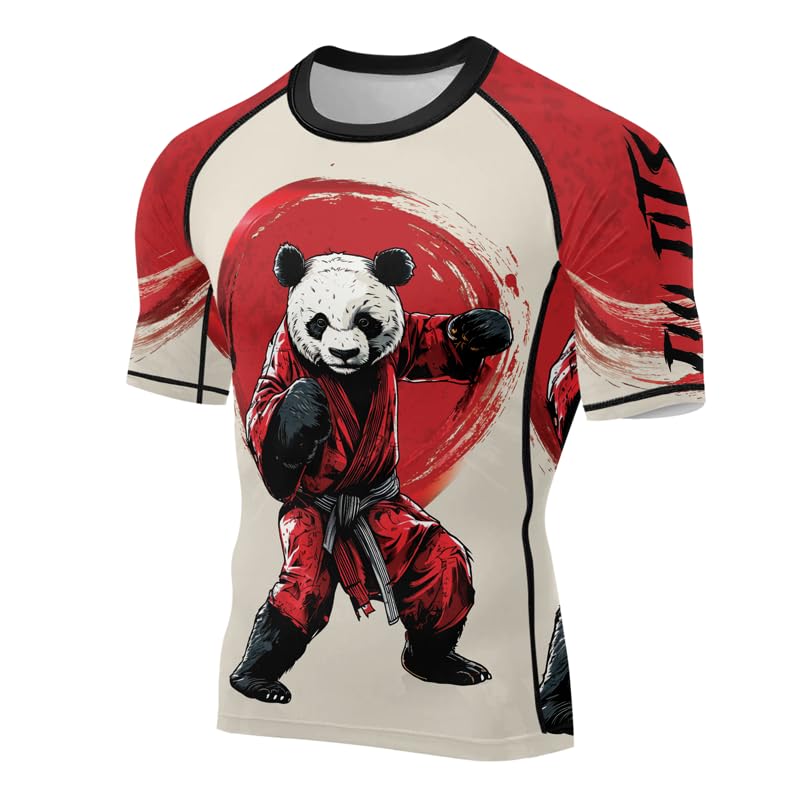 Panda Fighter Men's Short Sleeve Compression Rash Guard MMA Jiu Jitsu BJJ Grappling Base Layer Combat Shirt - color: V1, size: Small
