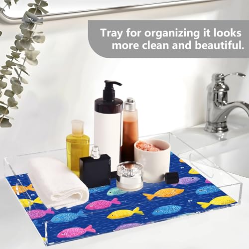 Acrylic Tray Clear Serving Vanity Ottoman Bathroom Coffee Table Countertop Organizer Raised Edge Spill Proof Dark Blue Cartoon Fishes - color: Dark Blue Cartoon Fishes