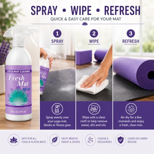 Fresh Mat Yoga Mat Cleaner Spray - Natural Deodorizing Cleaner for Yoga Mats & Fitness Equipment - No-Rinse, Residue-Free Formula with Witch Hazel & Essential Oil, Peaceful Lavender (12 fl oz). - size: 12 Fl Oz (Pack of 1)