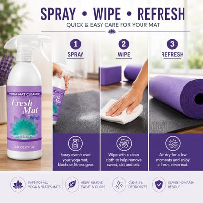 Fresh Mat Yoga Mat Cleaner Spray - Natural Deodorizing Cleaner for Yoga Mats & Fitness Equipment - No-Rinse, Residue-Free Formula with Witch Hazel & Essential Oil, Peaceful Lavender (24 fl oz). - size: 24 Fl Oz (Pack of 1)