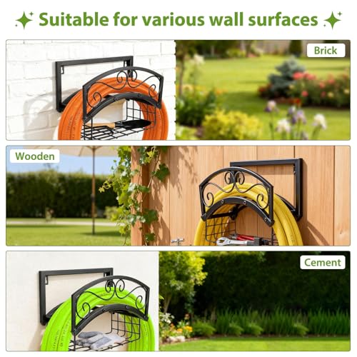 Garden Hose Holder Wall Mount, Heavy Duty Metal Water Hose Holder with Basket for Outside, Hose Storage Holds 150FT Water Pipe for Yard, Lawn, Garden, Farm, Gifts for Women Men - style: Wall Mount with Bracket