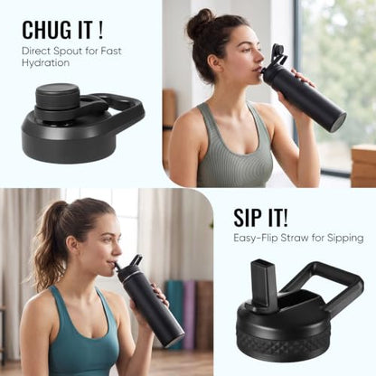 Fijinhom 24 oz Insulated Water Bottle with Handle, 304 Stainless Steel Water Bottles with 2 Lids, Double Wall Vacuum Sports Water Cup with Straw, BPA Free, Keep Cold and Hot, Black - color: 2 Lids - Black, size: 24 Ounces