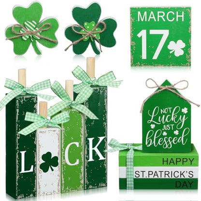 11 Pcs St. Patrick's Day Table Decorations Wood Faux Books Irish Table Top Decor Clover Wooden Sign Centerpiece for St. Patrick's Day - style: Clover
