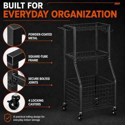 YueTong Rolling Sports Equipment Organizer with Locking Wheels and Ball Rack - color: Black – Locking Wheels