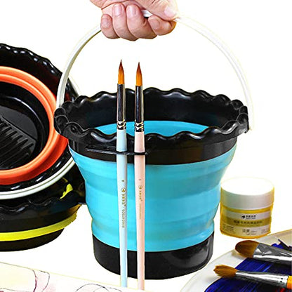 Foldable Artist Brush Washer, Collapsible Bucket Silicone Multi-Use Bucket Brush Cleaning Basin with Brush Holder Rest Place and Handle Bar for Travel on-The-go Painting
