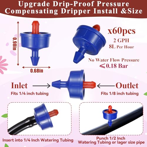 Upgrade Leak-Proof 60Pcs 2 GPH Pressure Compensating Drip Emitters, Constant Flow Drip Irrigation Emitters Spot Watering Drippers with Leakproof Water Pressure of 0.18 Bar for Irrigation System