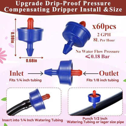 Upgrade Leak-Proof 60Pcs 2 GPH Pressure Compensating Drip Emitters, Constant Flow Drip Irrigation Emitters Spot Watering Drippers with Leakproof Water Pressure of 0.18 Bar for Irrigation System
