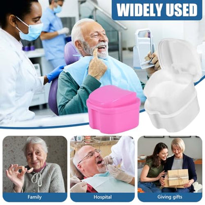 KISEER 2 Pack Colors Denture Bath Case Cup Box Holder Storage Soak Container with Strainer Basket for Travel Cleaning (White and Pink) - color: White and Pink