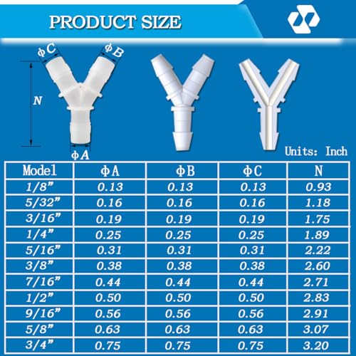 55Pcs Hose Barb Fittings,11 sizes of barbed hose fittings, Equal Barbed Y Shaped 3 Way Plastic Joint Splicer Mender Adapter Union, Hose Plastic Pipe Connectors, for Gas, Liquid, Air Line Tubing Pipe.