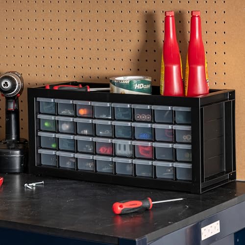 IRIS USA 32-Drawer Tool Organizer, Made in USA, Teacher Toolbox, Small Parts Plastic Storage Drawers for Screws, Hardware, Bead, Diamond Arts, Stackable Garage Storage Cabinet, Black